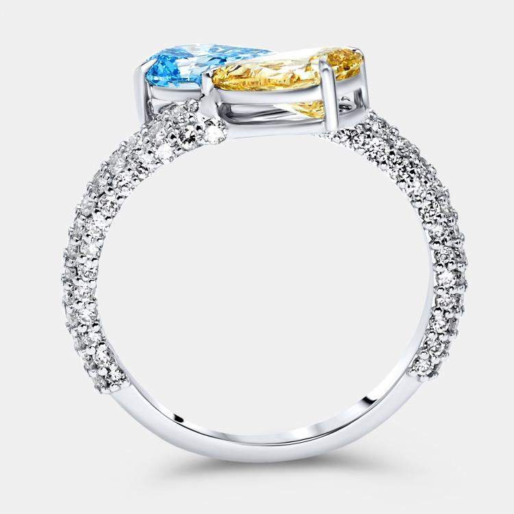 Pre Owned 3 cts Fancy Color Pear and Round Lab Grown Diamond 18k White Gold Ring Size 51