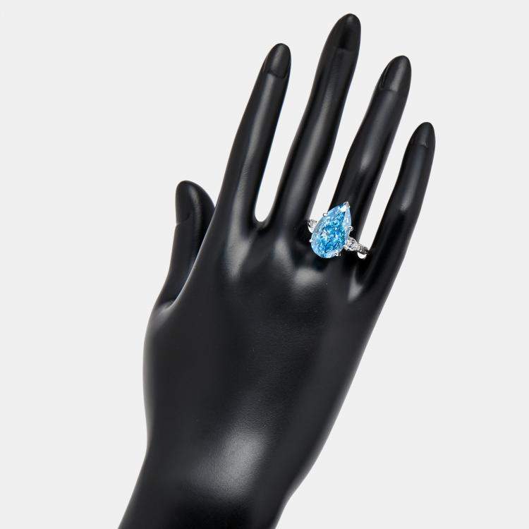 Pre Owned 13.3 cts Fancy Blue Pear Brilliant and Round 18k White Gold Lab Grown Diamonds Ring Size 51