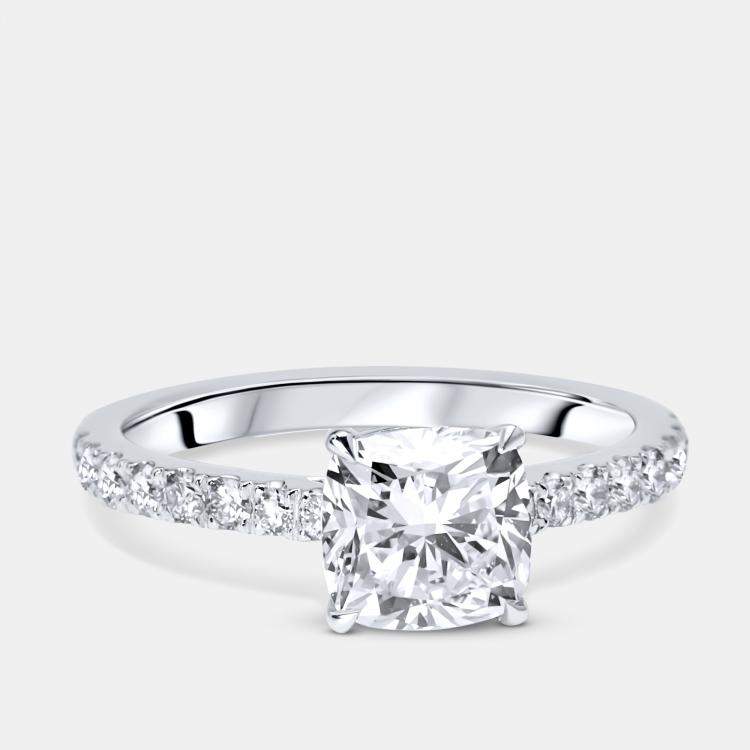 Pre Owned 1.8 cts Cushion and Round Lab Grown Diamond 18k White Gold Ring Size 51