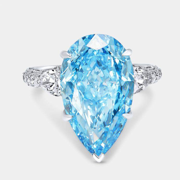 Pre Owned 13.3 cts Fancy Blue Pear Brilliant and Round 18k White Gold Lab Grown Diamonds Ring Size 52