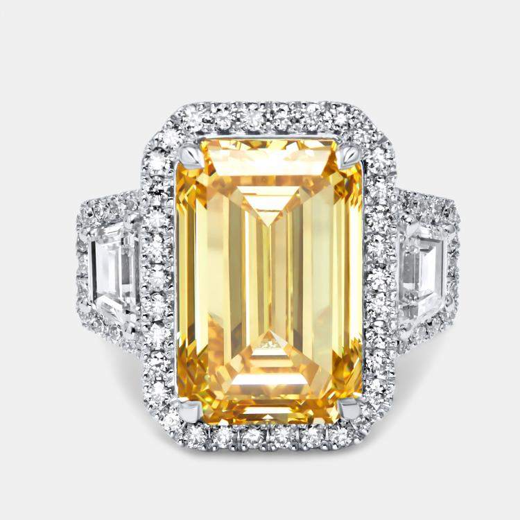 Pre Owned 11.6 cts Yellow Emerald Cut and Round Lab Grown Diamond 18k White Gold Ring Size 53