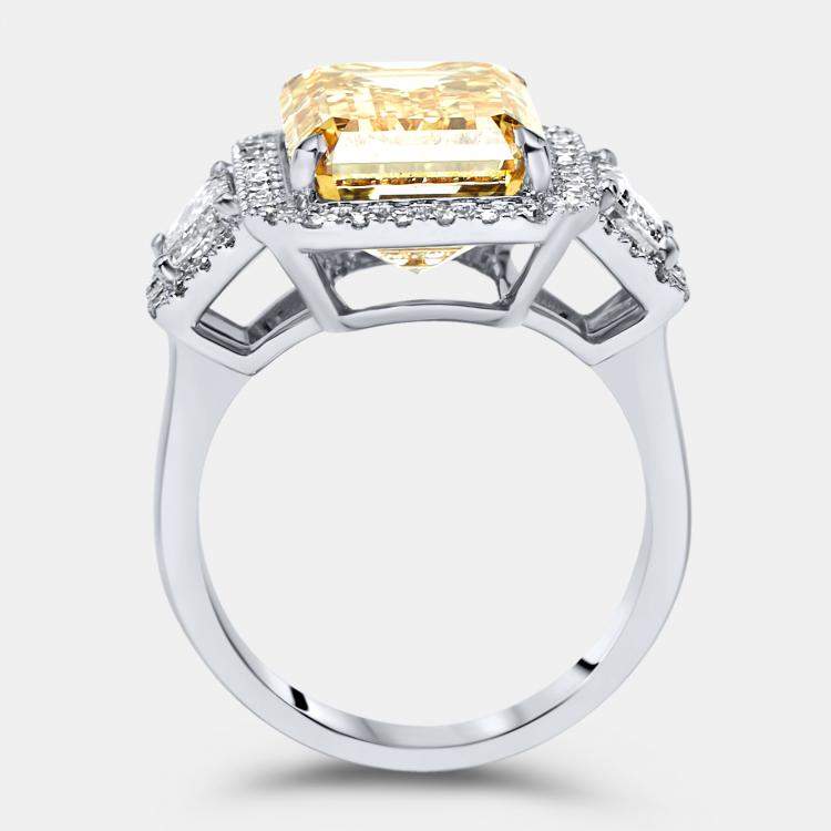 Pre Owned 11.6 cts Yellow Emerald Cut and Round Lab Grown Diamond 18k White Gold Ring Size 53