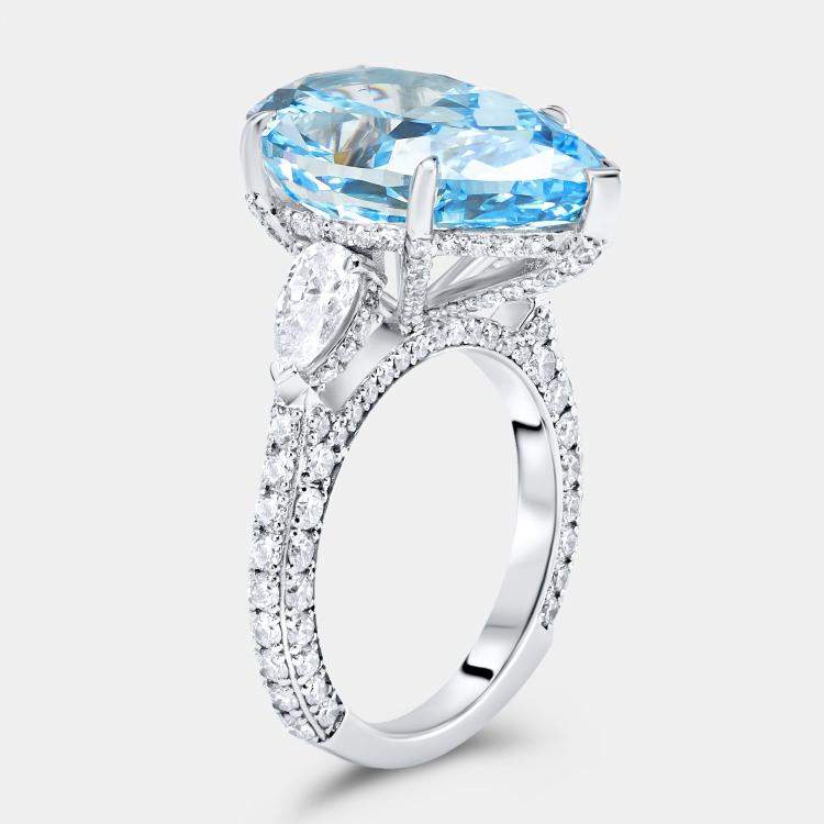 Pre Owned 13.3 cts Fancy Blue Pear Brilliant and Round 18k White Gold Lab Grown Diamonds Ring Size 53