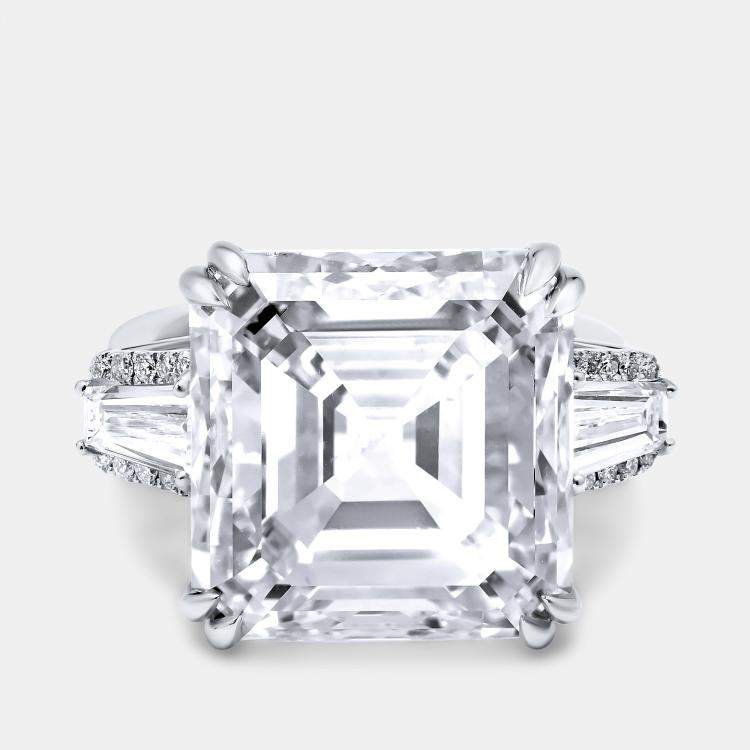 Pre Owned 23.2 cts Asscher, Trapezoid and Round Lab Grown Diamond 18k White Gold Ring Size 53