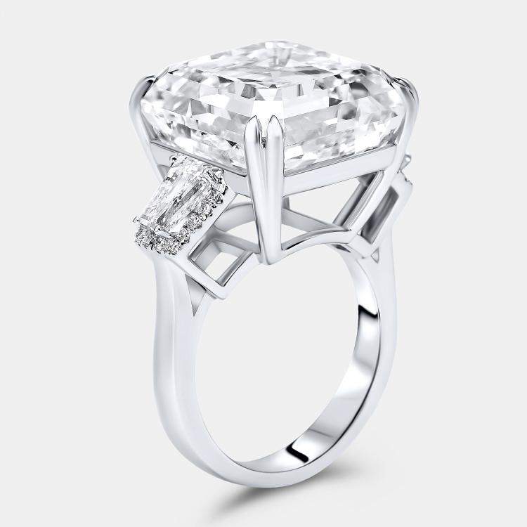 Pre Owned 23.2 cts Asscher, Trapezoid and Round Lab Grown Diamond 18k White Gold Ring Size 53