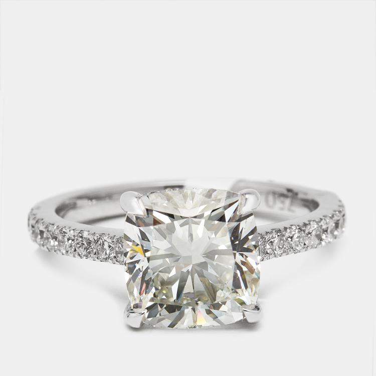 Pre Owned 3.4 cts Cushion and Round Lab Grown Diamond 18k White Gold Ring Size 53