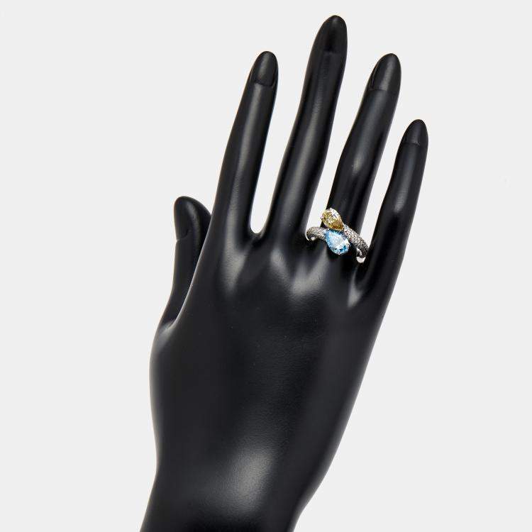 Pre Owned 3 cts Fancy Color Pear and Round Lab Grown Diamond 18k White Gold Ring Size 54