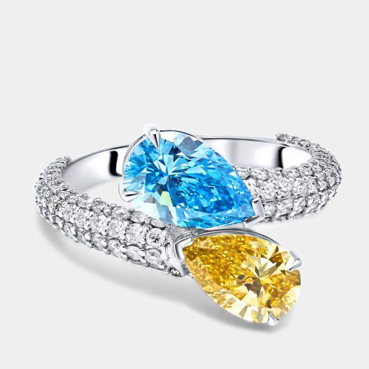 Pre Owned 3 cts Fancy Color Pear and Round Lab Grown Diamond 18k White Gold Ring Size 54