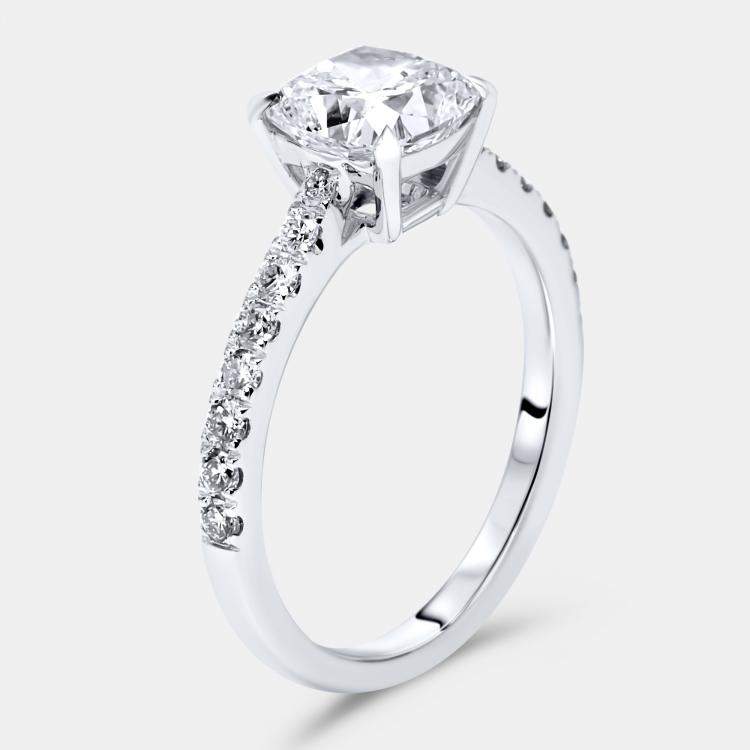 Pre Owned 1.8 cts Cushion and Round Lab Grown Diamond 18k White Gold Ring Size 54