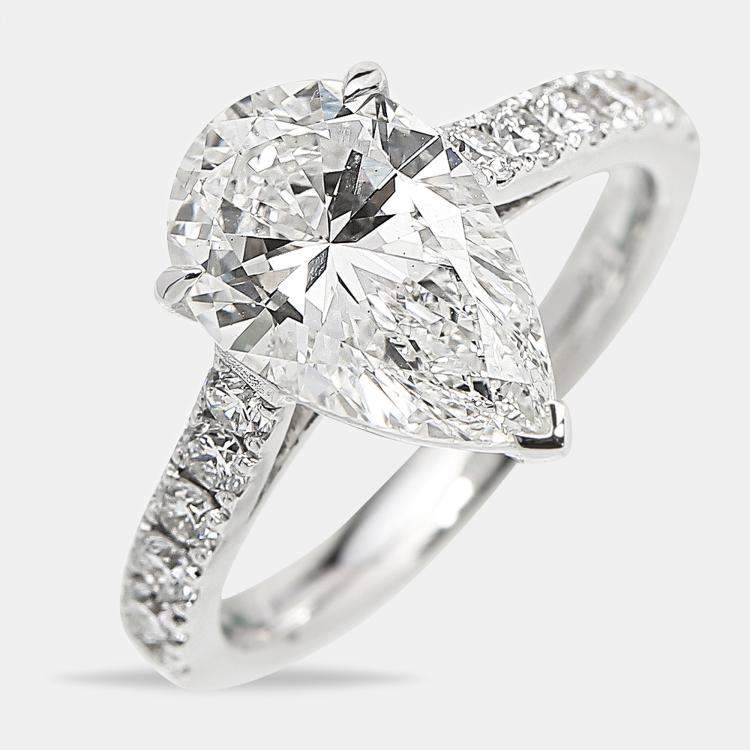 Pre Owned 3.50 cts Pear Brilliant Round 18k White Gold Lab Grown Diamonds Ring Size 53