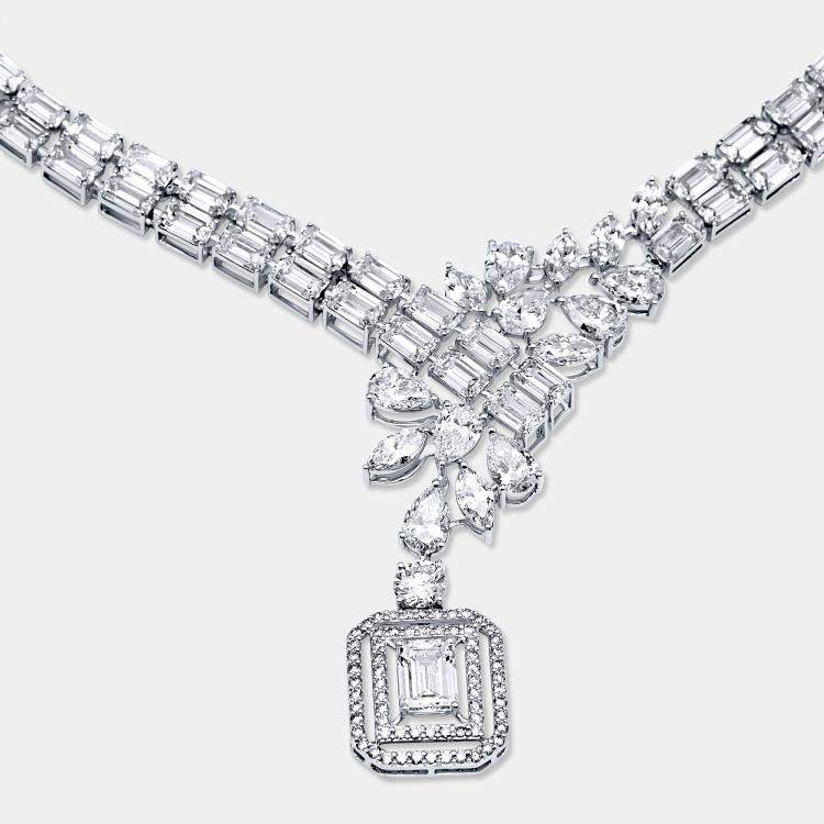 Pre Owned 41.9 Cts Pear Emerald Marquise Round 18K White Gold Lab Grown Diamonds Necklace