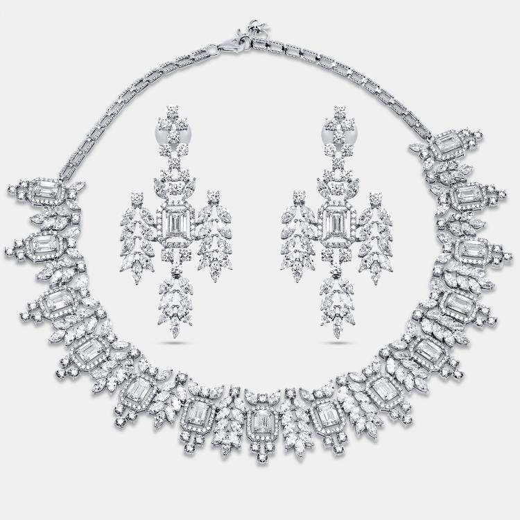Pre Owned 55.46 Cts Marquise Round Emerald 18K White Gold Lab Grown Diamonds Necklace Set
