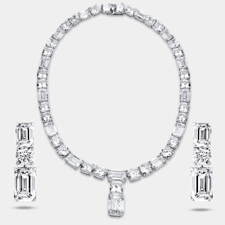 Pre Owned 207 Cts Round Emerald 18K White Gold Lab Grown Diamonds Necklace Set