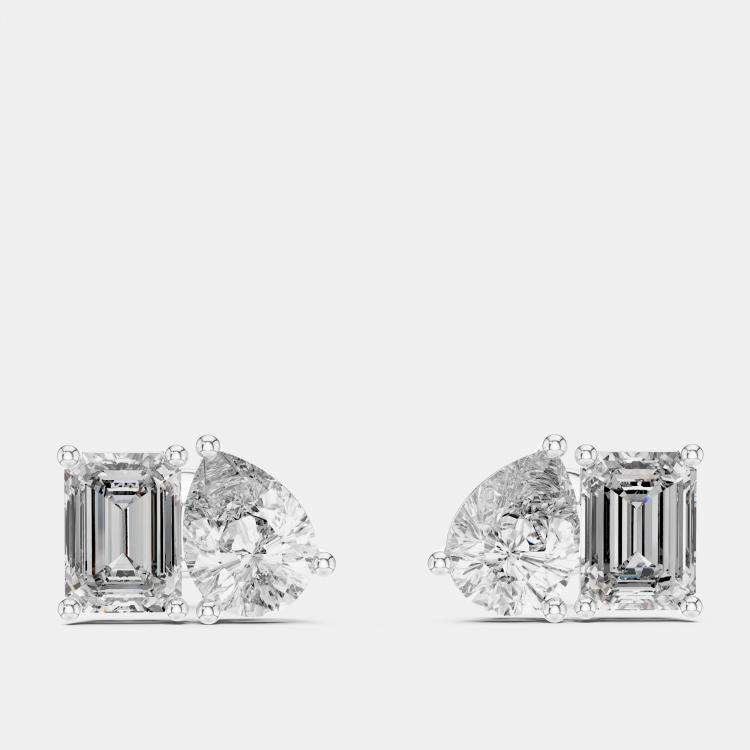 Pre Owned 2.00 cts Pear Cut and Emerald Cut 18k White Gold Lab Grown Diamond Stud Earrings