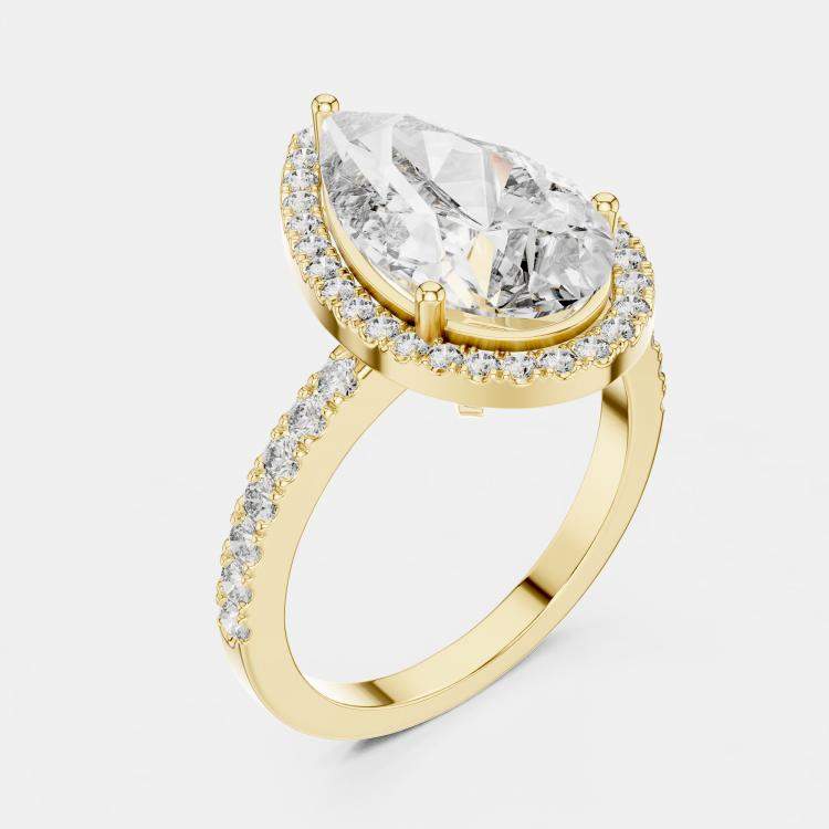 مملوكة مسبقًا 4.5 cts Round & Pear Cut 18k Yellow Gold Solitaire Lab Grown Diamond Halo Ring Size 53