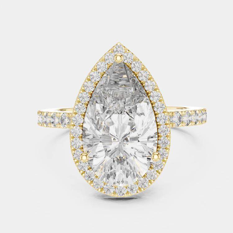 مملوكة مسبقًا 4.5 cts Round & Pear Cut 18k Yellow Gold Solitaire Lab Grown Diamond Halo Ring Size 53
