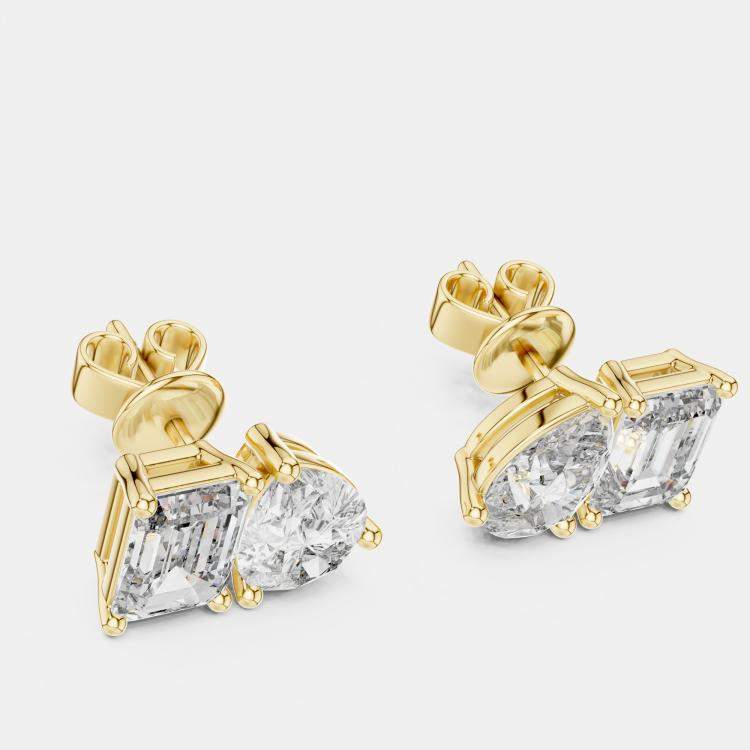 Pre Owned 2.00 cts Pear Cut and Emerald Cut 18k Yellow Gold Lab Grown Diamond Stud Earrings