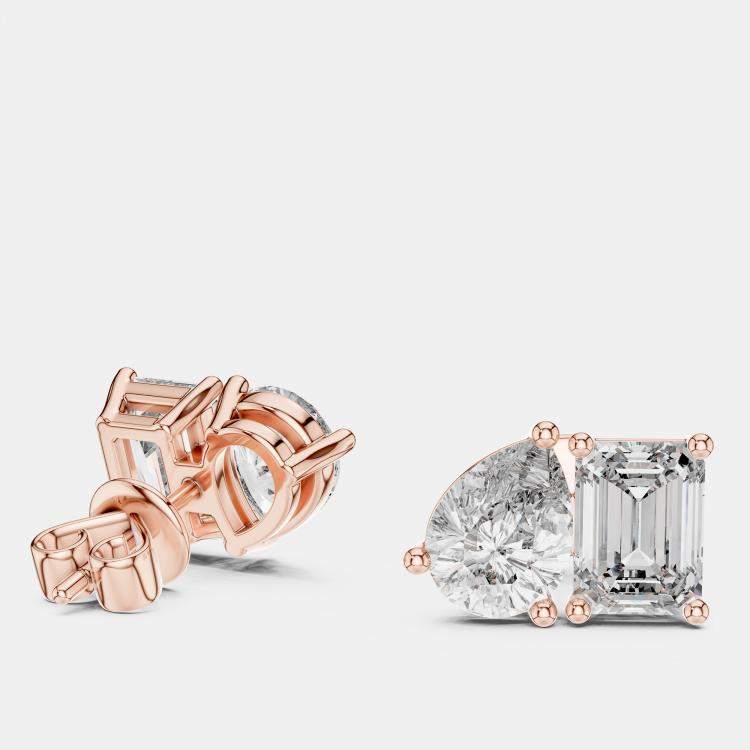 مملوكة مسبقًا 2.00 cts Pear Cut and Emerald Cut 18k Rose Gold Lab Grown Diamond Stud Earrings