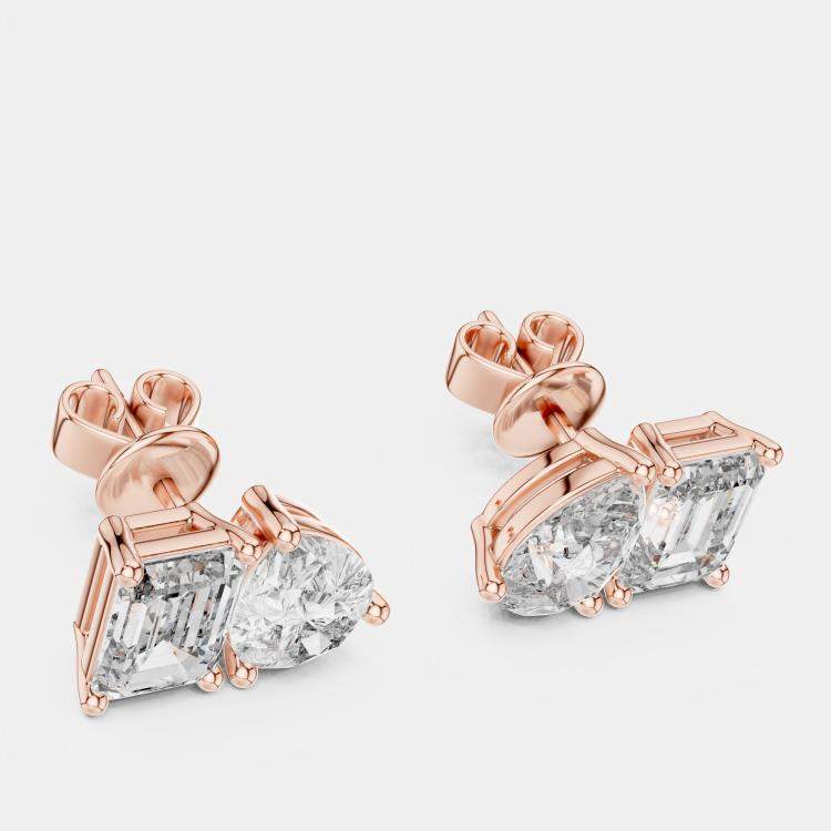 مملوكة مسبقًا 2.00 cts Pear Cut and Emerald Cut 18k Rose Gold Lab Grown Diamond Stud Earrings