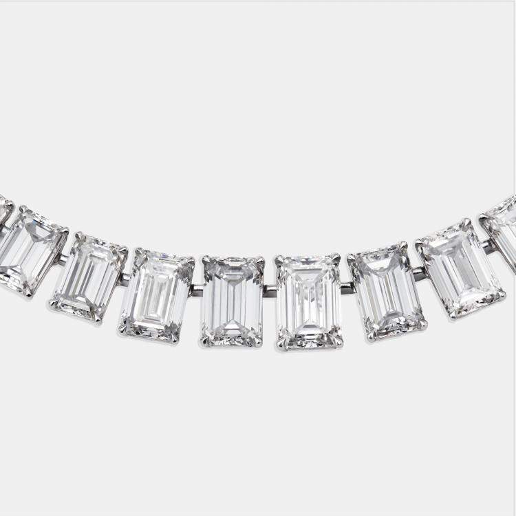 Pre Owned 107.13 cts Emerald Cut Lab Grown Diamond 18k White Gold Necklace