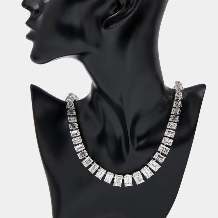 Pre Owned 107.13 cts Emerald Cut Lab Grown Diamond 18k White Gold Necklace