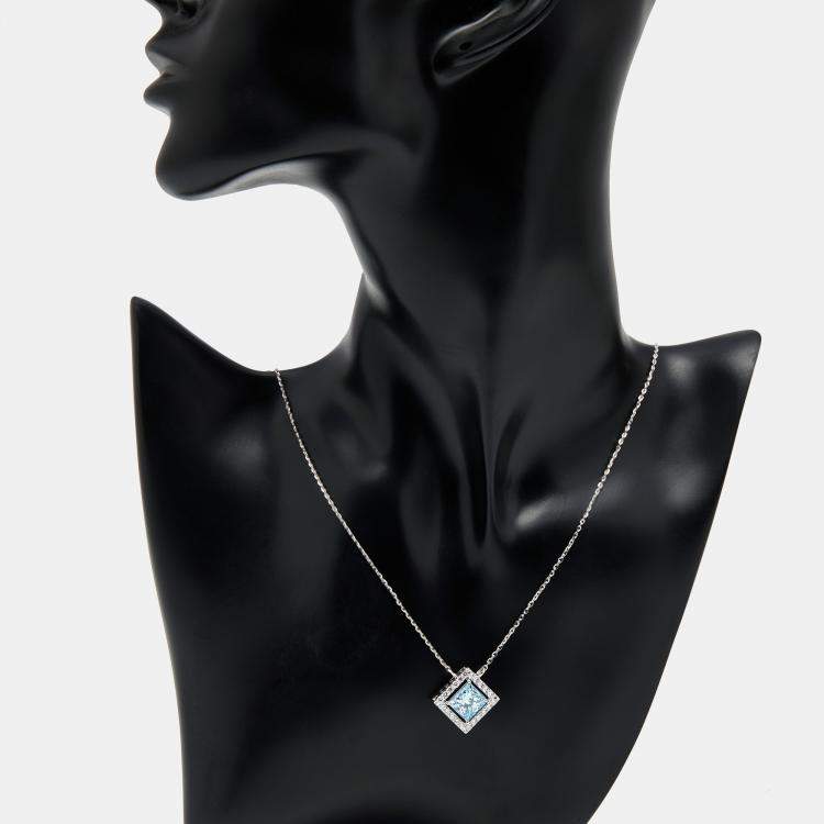 Pre Owned 3.5 cts Blue Princess Round Lab Grown Diamond 18k White Gold Necklace