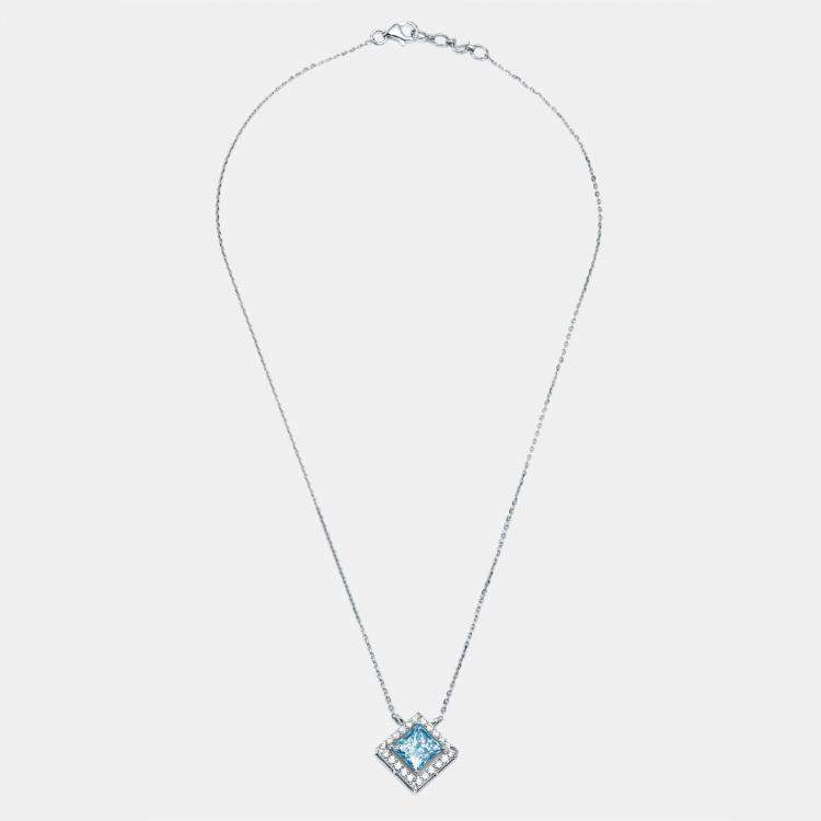 Pre Owned 3.5 cts Blue Princess Round Lab Grown Diamond 18k White Gold Necklace