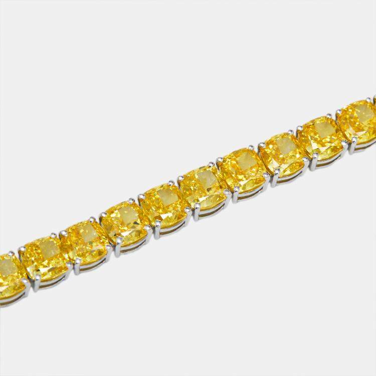 Pre Owned 27 cts Intense Yellow Cushion Lab Grown Diamonds 18k White Gold Bracelet