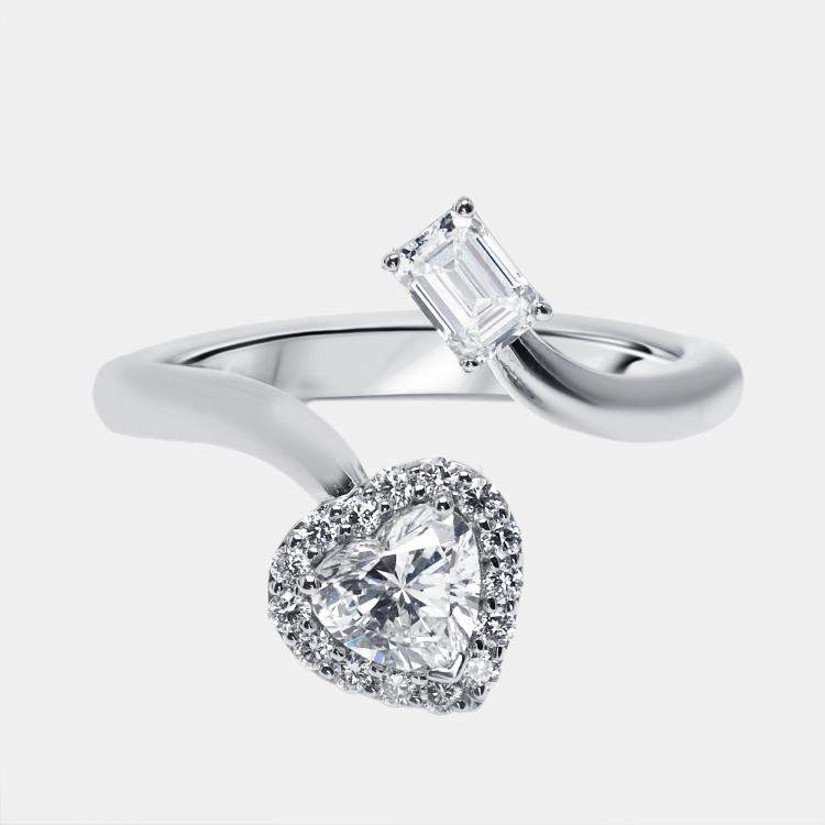 Pre Owned 1 cts Heart, Emerald Cut, Round Lab Grown Diamonds 18k White Gold Ring Size 50