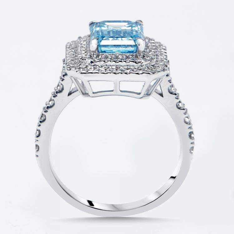 Pre Owned 3.9 cts Vivid Blue Emerald, Round Lab Grown Diamonds 18k White Gold Ring Size 51