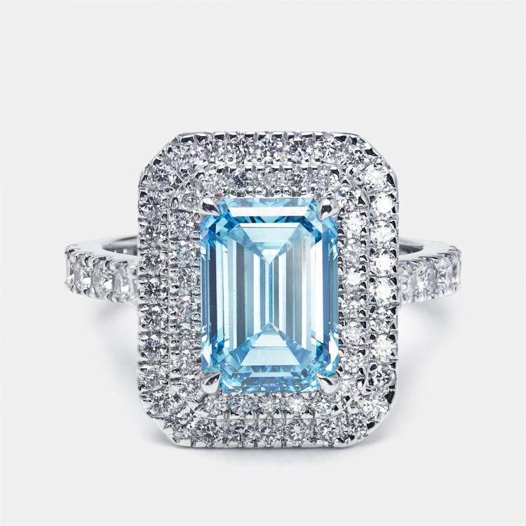 Pre Owned 3.9 cts Vivid Blue Emerald, Round Lab Grown Diamonds 18k White Gold Ring Size 51