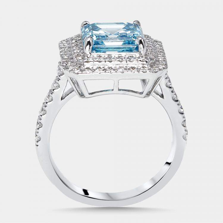 Pre Owned 3.9 cts Vivid Blue Asscher, Round Lab Grown Diamonds 18k White Gold Ring Size 51