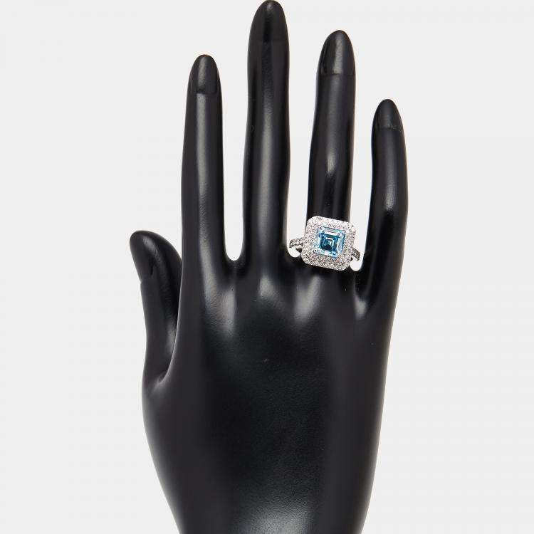 Pre Owned 3.9 cts Vivid Blue Asscher, Round Lab Grown Diamonds 18k White Gold Ring Size 51