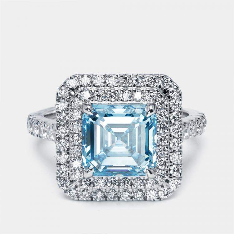 Pre Owned 3.9 cts Vivid Blue Asscher, Round Lab Grown Diamonds 18k White Gold Ring Size 51