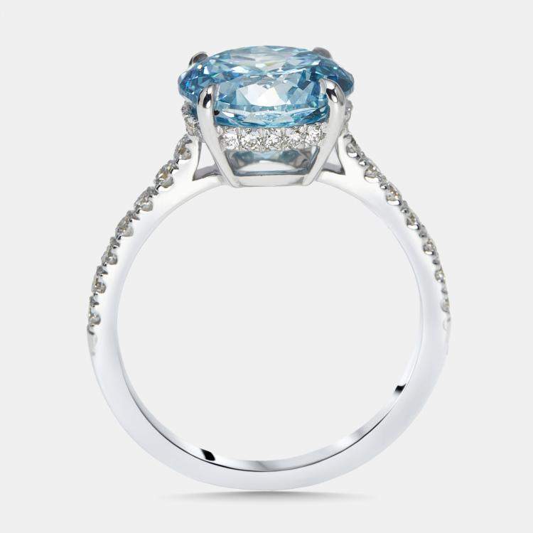 Pre Owned 3.5 cts Blue Round Lab Grown Diamonds 18k White Gold Ring Size 51