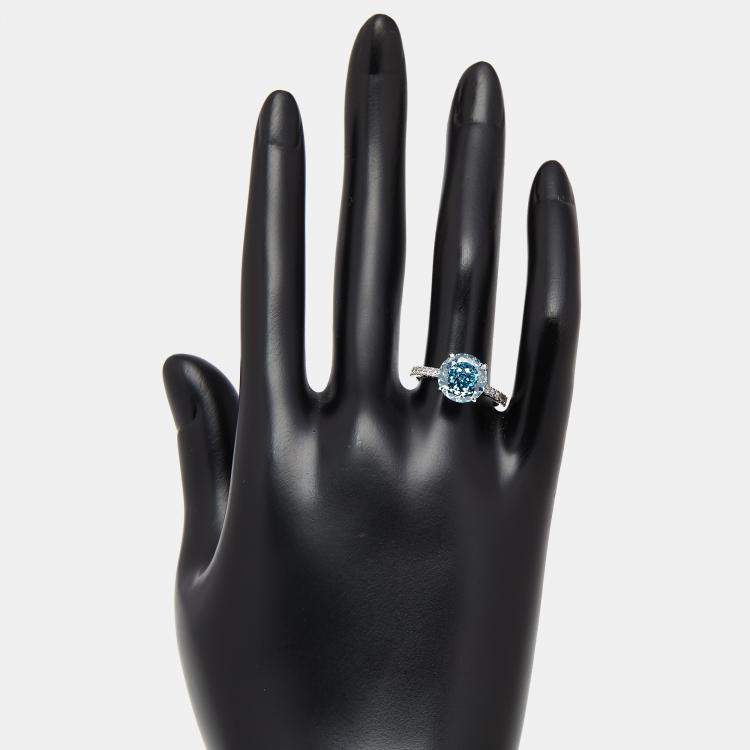 Pre Owned 3.5 cts Blue Round Lab Grown Diamonds 18k White Gold Ring Size 51