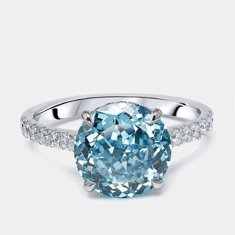 Pre Owned 3.5 cts Blue Round Lab Grown Diamonds 18k White Gold Ring Size 51