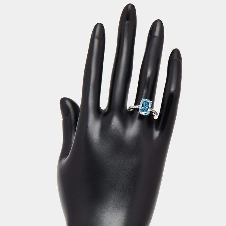 Pre Owned 3.4 cts Vivid Blue Radiant, Round Lab Grown Diamonds 18k White Gold Ring Size 51