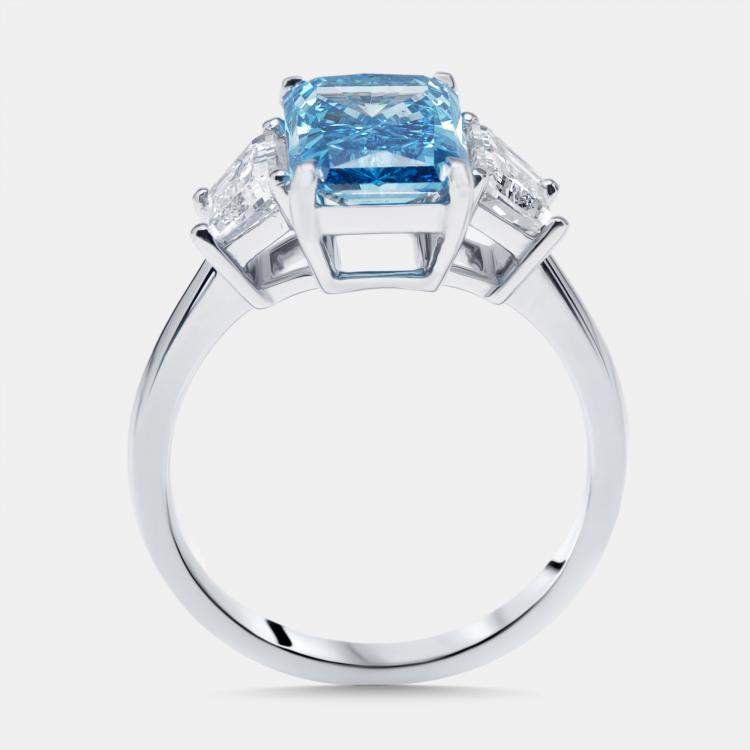 Pre Owned 4 cts Vivid Blue Radiant, Trapazoid Lab Grown Diamonds 18k White Gold Ring Size 51