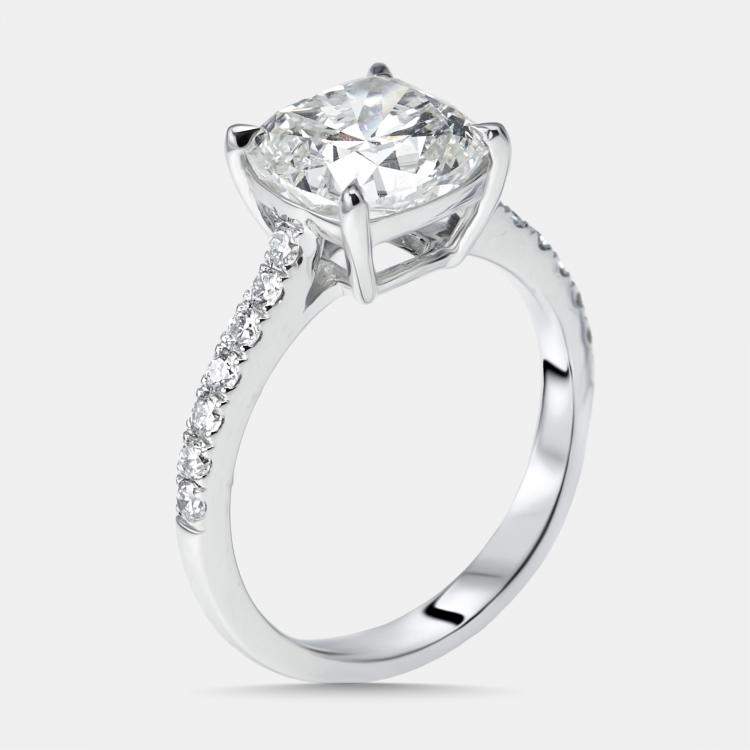 Pre Owned 3.2 cts Cushion, Round Lab Grown Diamonds 18k White Gold Ring Size 52