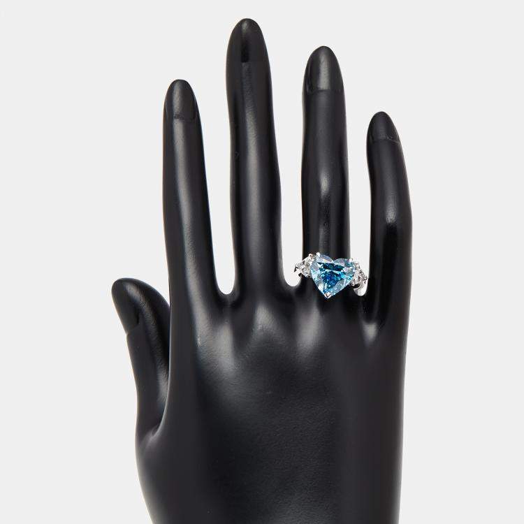Pre Owned 6 cts VIvid Blue Heart, Trillion Lab Grown Diamonds 18k White Gold Ring Size 52