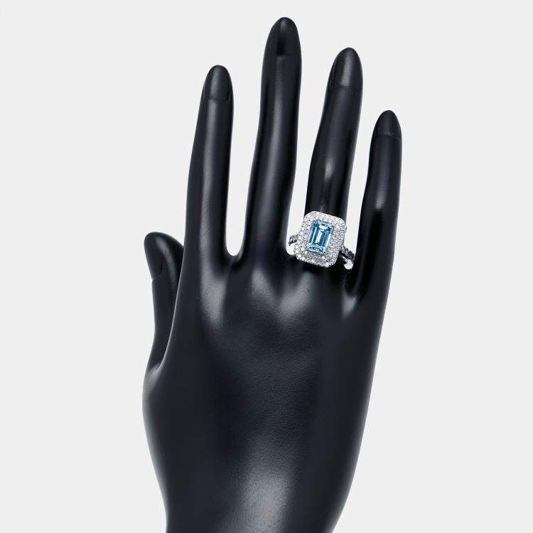 Pre Owned 3.9 cts Vivid Blue Emerald, Round Lab Grown Diamonds 18k White Gold Ring Size 52