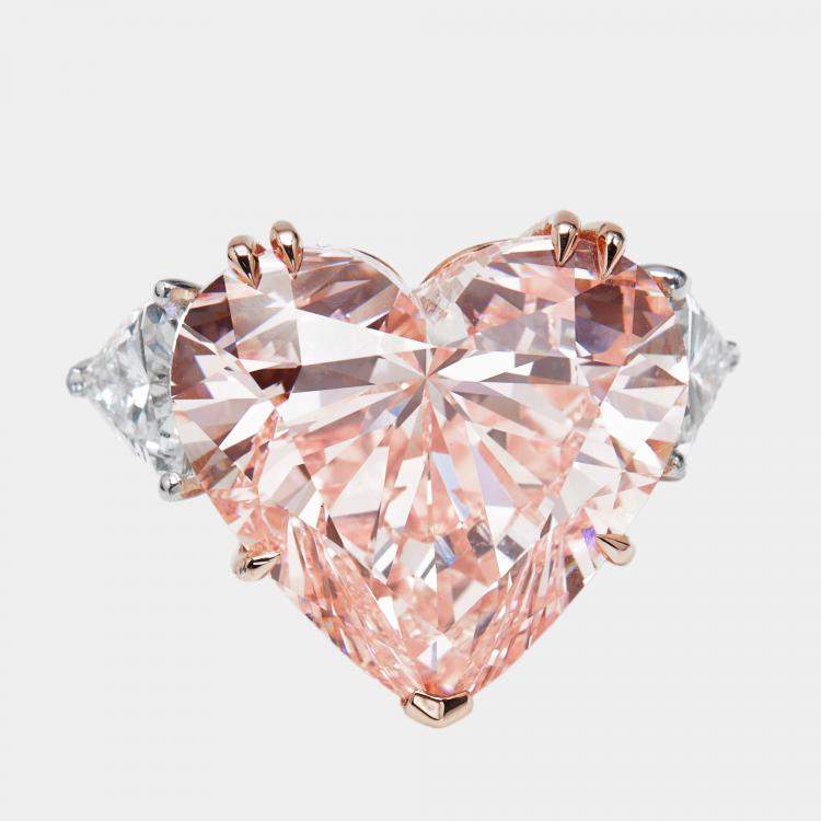 Pre Owned 24.95 cts Pink Heart, Trillion Lab Grown Diamonds 18k Two Tone Gold Ring Size 52