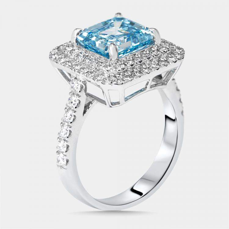 Pre Owned 3.9 cts Vivid Blue Asscher, Round Lab Grown Diamonds 18k White Gold Ring Size 52