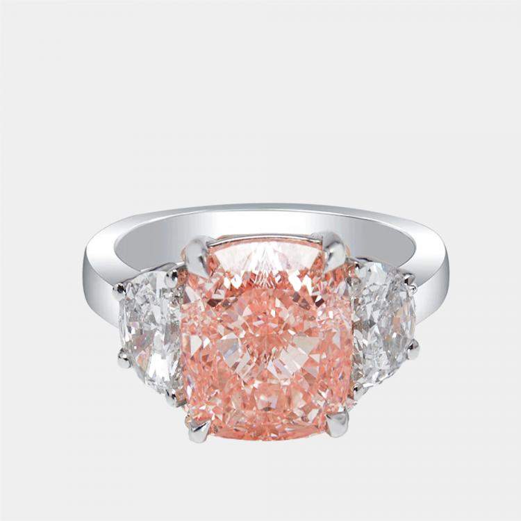 Pre Owned 3.5 cts Pink Cushion, Halfmoon Lab Grown Diamonds 18k White Gold Ring Size 52