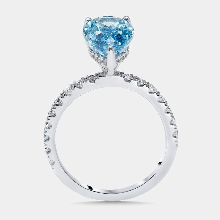 Pre Owned 3.6 cts Vivid Blue Pear, Round Lab Grown Diamonds 18k White Gold Ring Size 52