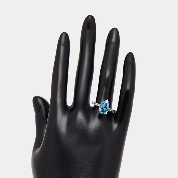 Pre Owned 3.6 cts Vivid Blue Pear, Round Lab Grown Diamonds 18k White Gold Ring Size 52