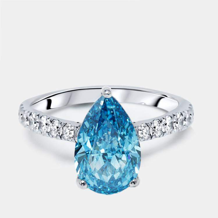 Pre Owned 3.6 cts Vivid Blue Pear, Round Lab Grown Diamonds 18k White Gold Ring Size 52