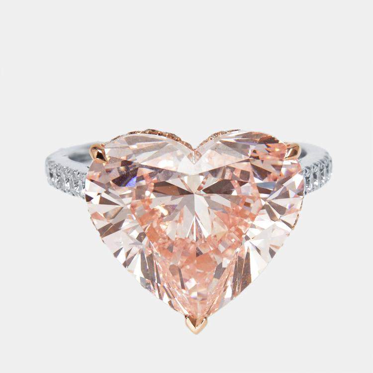 Pre Owned 9.5 cts Pink Heart, Round Lab Grown Diamonds 18k Two Tone Gold Ring Size 52