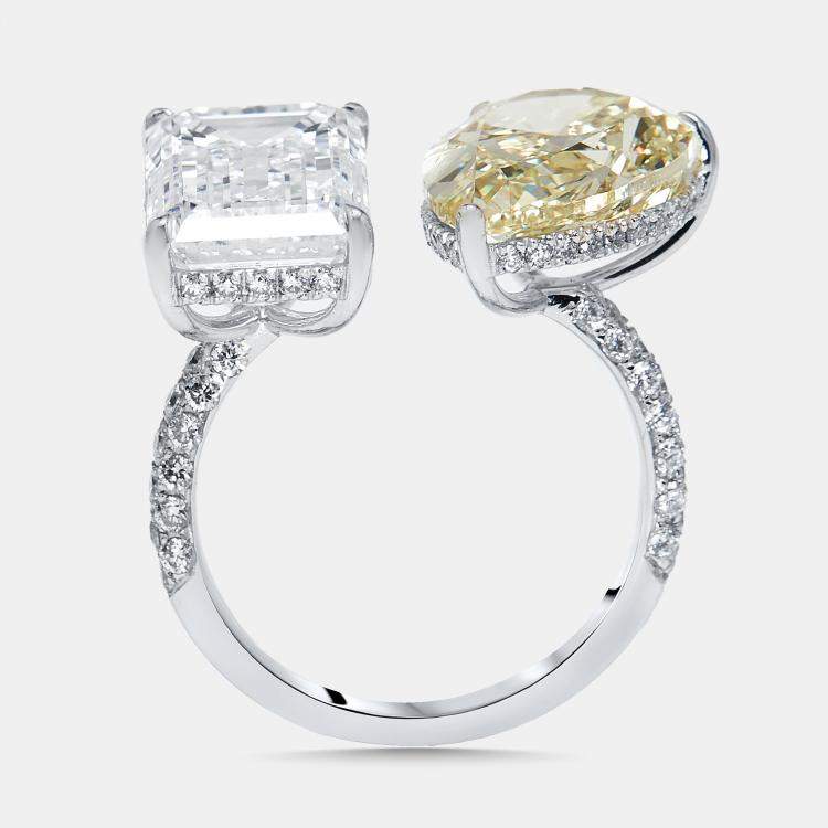 Pre Owned 12.8 cts Fancy Yellow Pear, Emerald Cut, Round Lab Grown Diamonds 18k White Gold Ring Size 52